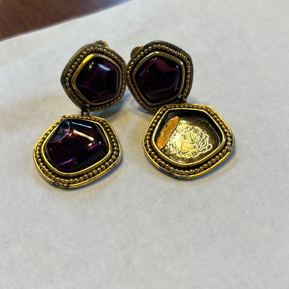 Vintage Yves Saint Laurent Plum Pour Glass With Gold Hardware Earrings